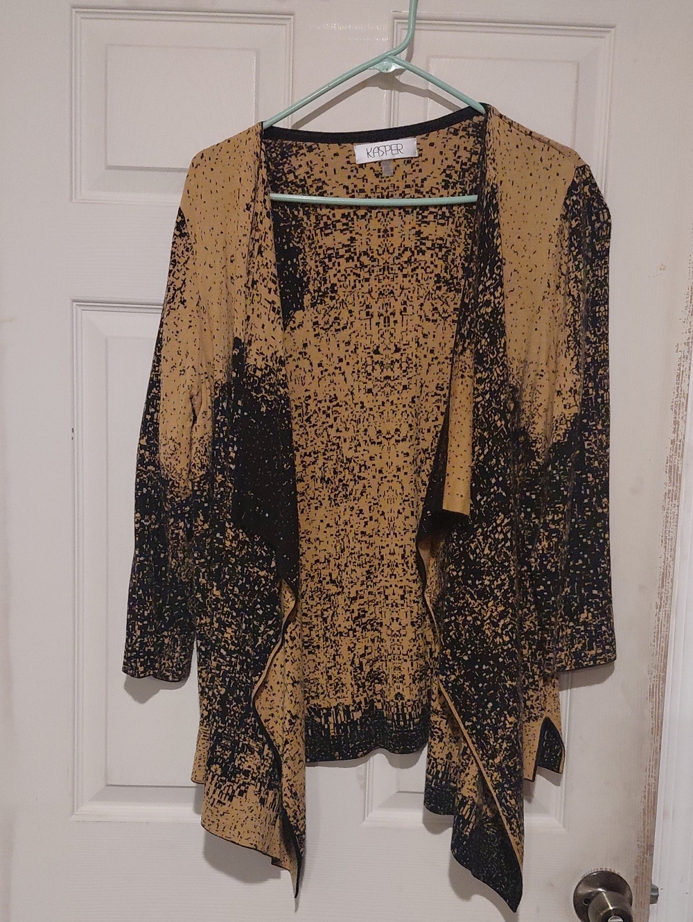 Kasper Women’s Mustard and Black Waterfall Open Front Asymeyric Cardigan 1X